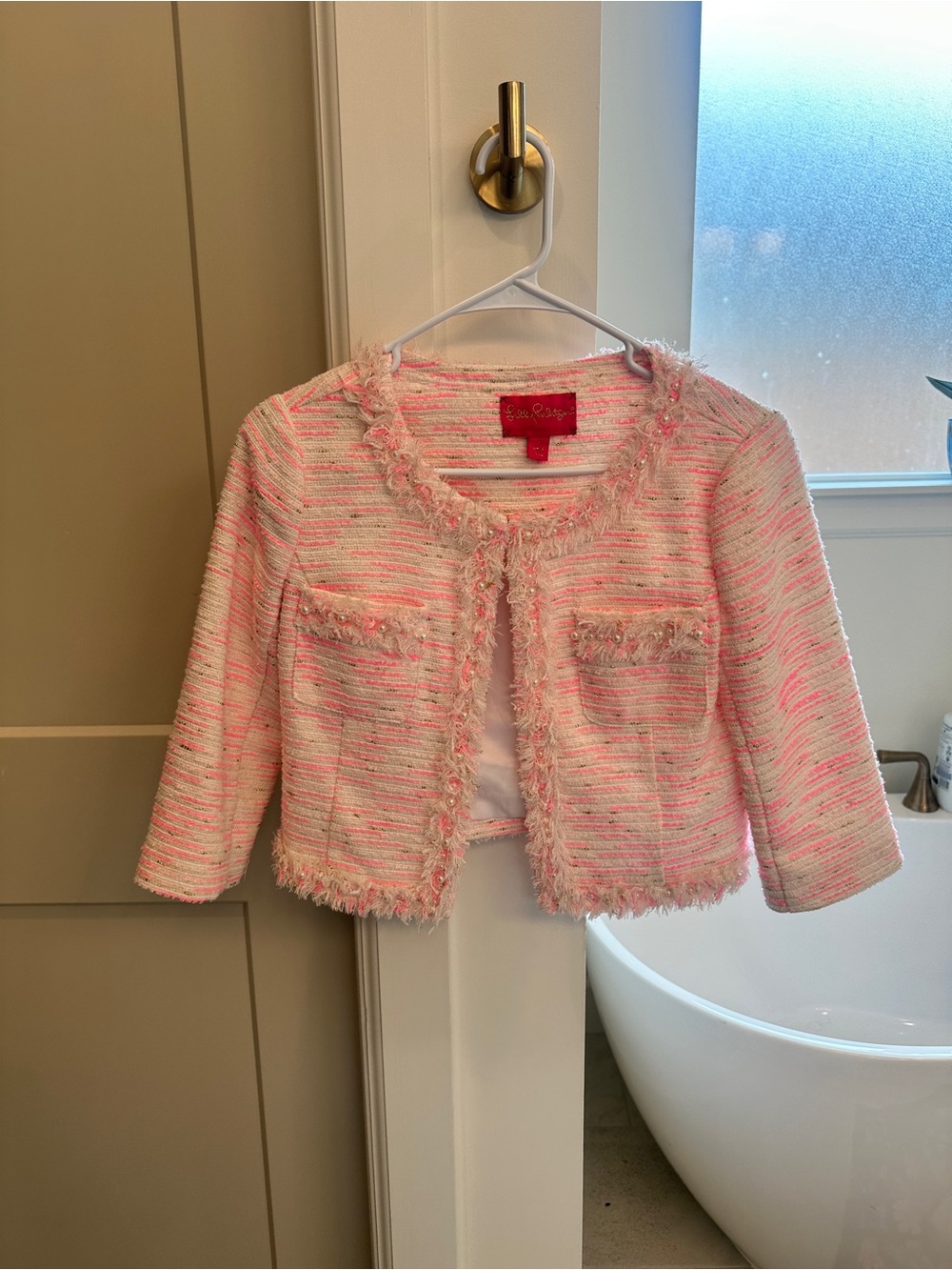 Lilly Pulitzer Pink & White Tweed Fringe Crop Blazer